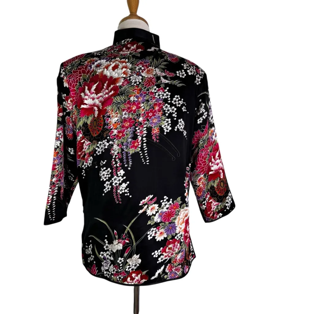 Grace Chang Silk Jacket Black Floral Size S - Image 3