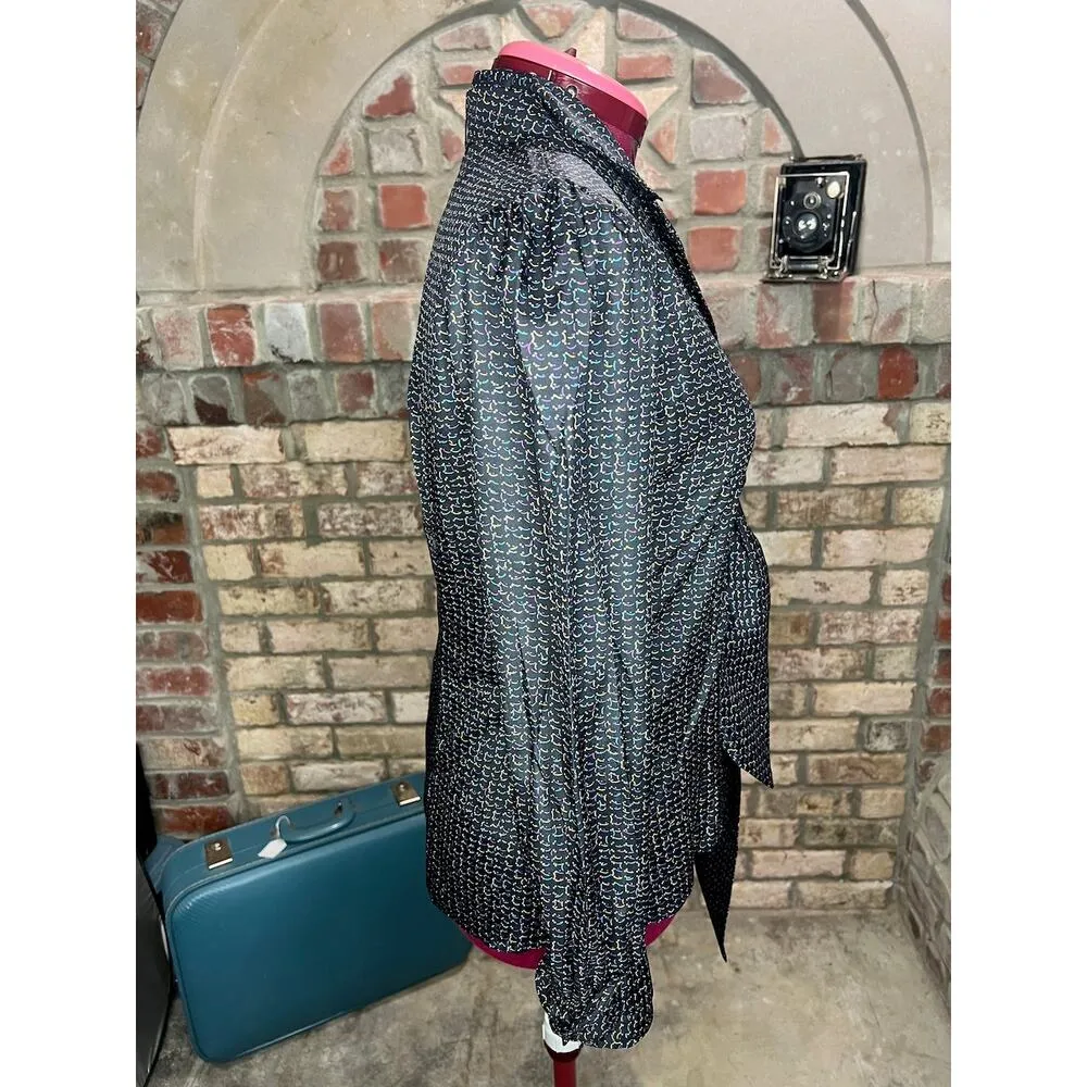 Button Down blouse abstract pattern black blue purple yellow kitten bow Size M - Image 8