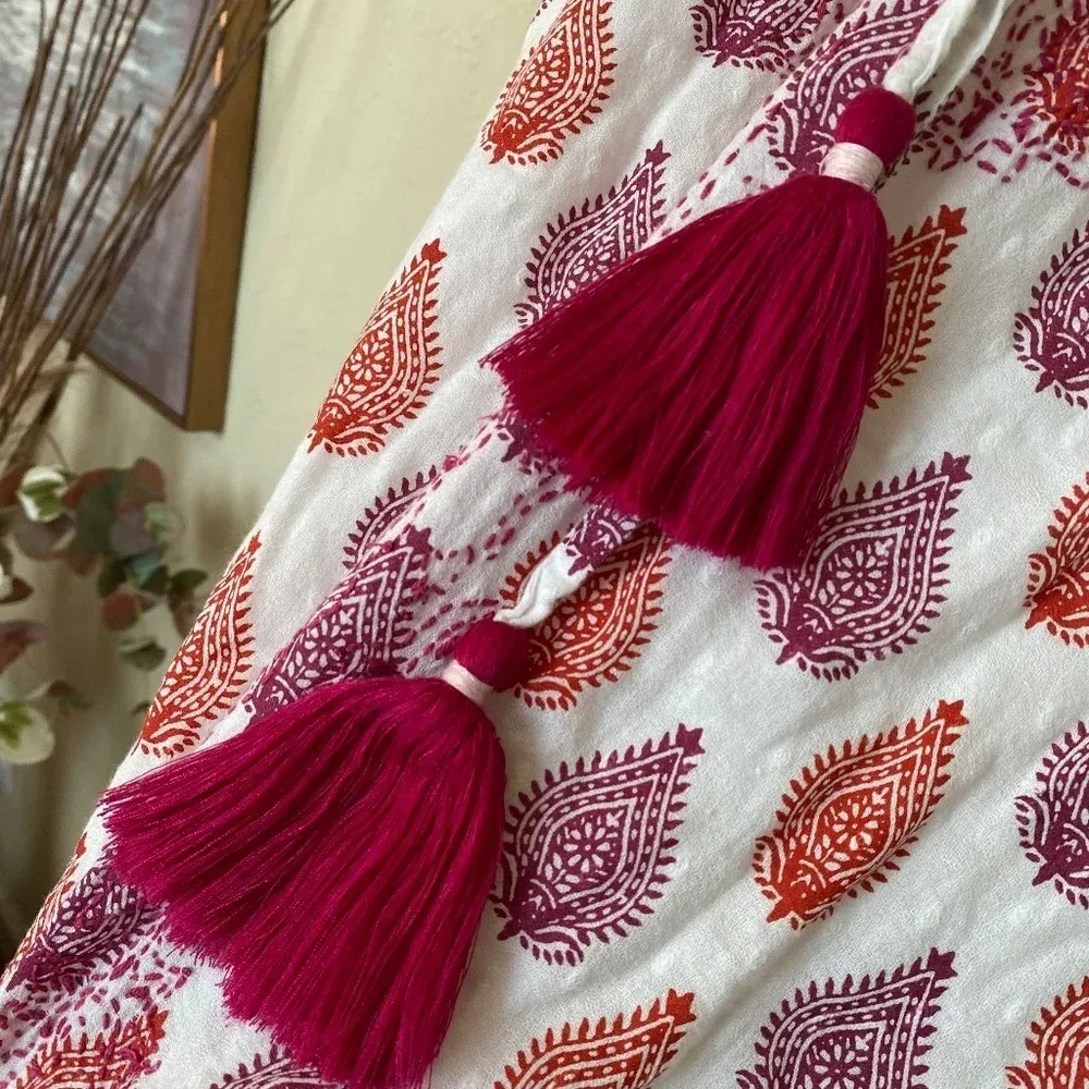 Roller Rabbit Cotton midi Dress in Floral Block‎ Print tassels red white size S - Image 9