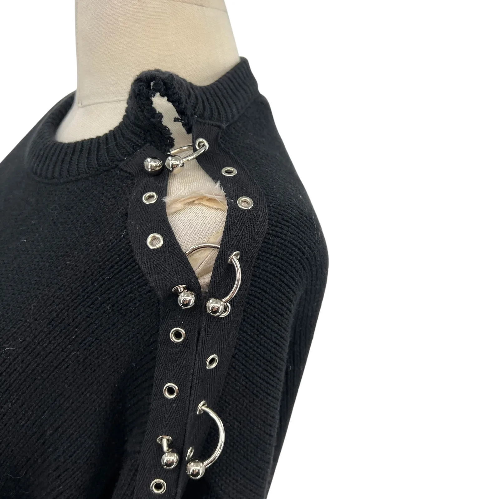 Furst of a Kind Sweater Knit Open Sleeve Grommet Ring Detail Black Size Medium - Image 5