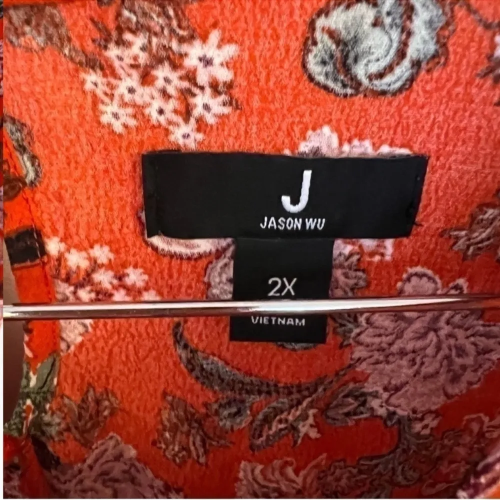 J Jason Wu Long Sleeve Foil Print Woven Blouse Lace Trim Size 2X Orange/Red - Image 10