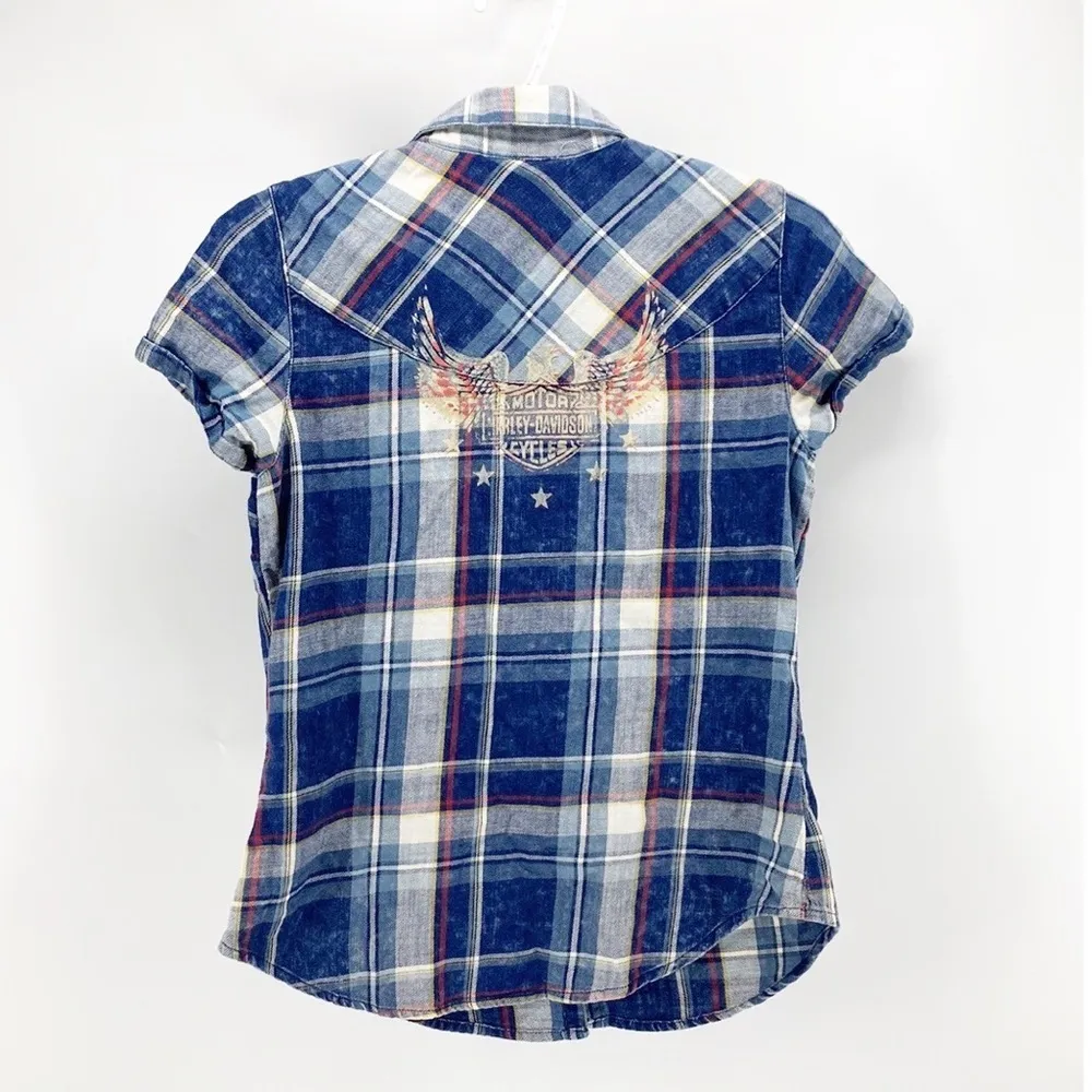 Harley Davidson button up short sleeve plaid semi distressed logo front n back Blue Size XS - Image 9