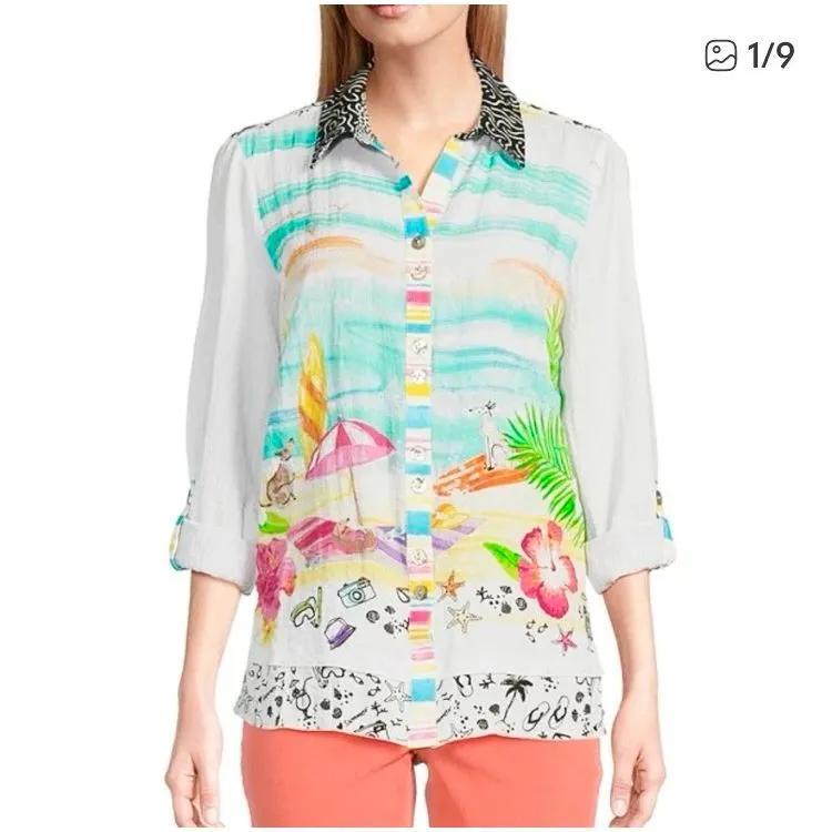 John Mark Novelty Mix Print Button Front Roll-Tab Sleeve Tunic Sz M - Image 4