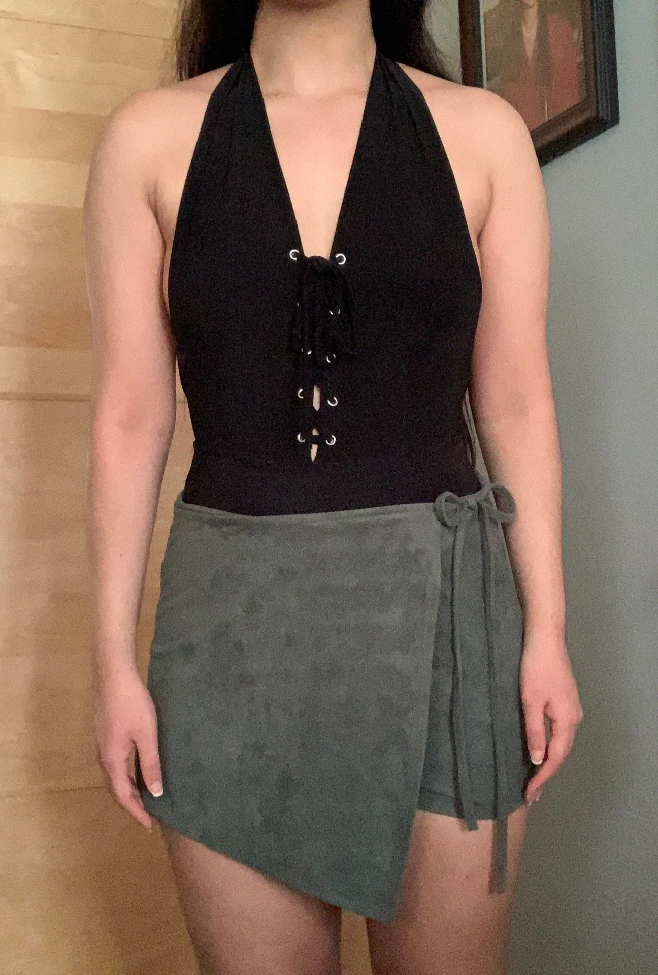 olive green/ khaki faux suede wrap tie front mini skort Skirt - Image 3