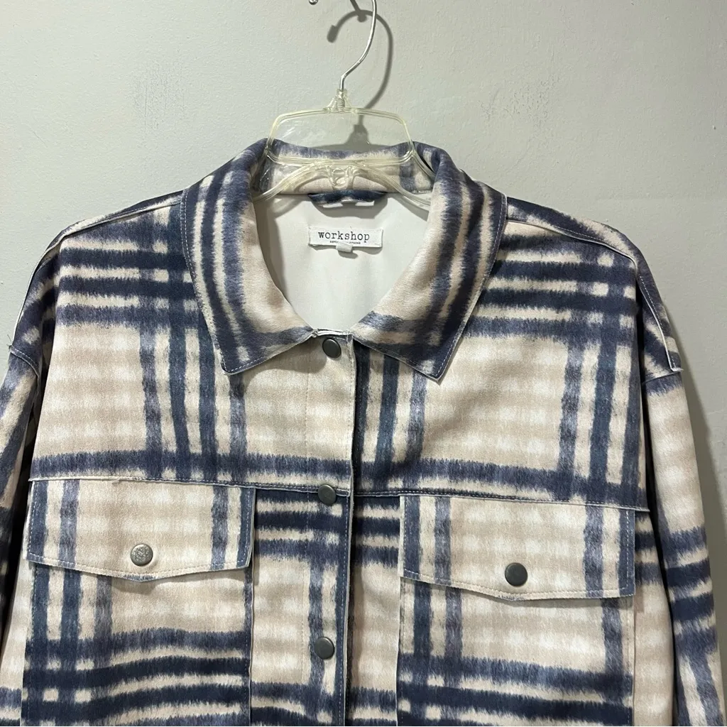 Workshop Republic Clothing Faux Leather Jacket Blue Tan White Women’s Shaket XL - Image 3