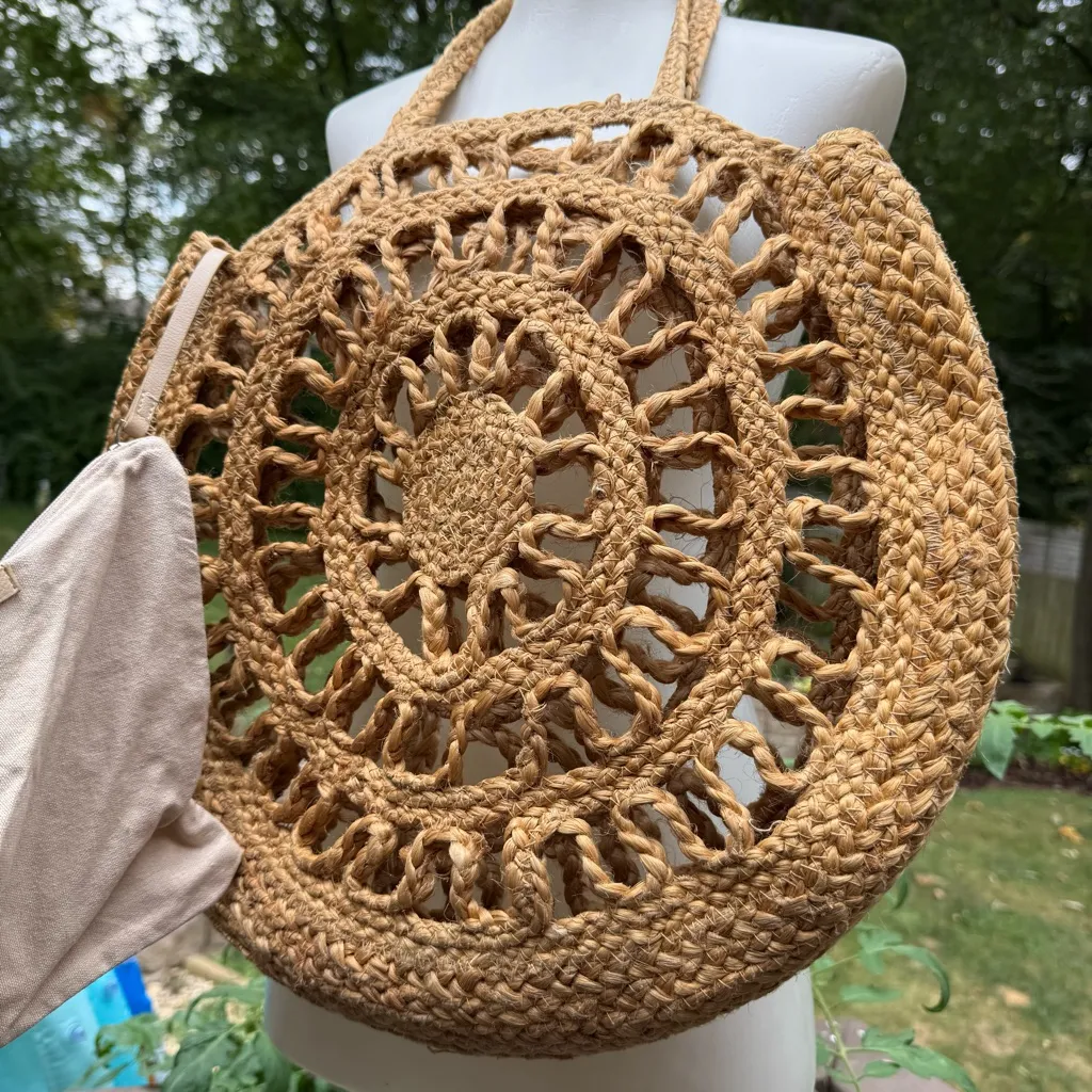 ZARA Round Shopper Bag BRAIDED JUTE Natural CUTOUT Tote XL HandBag W/ MU Bag - Image 4