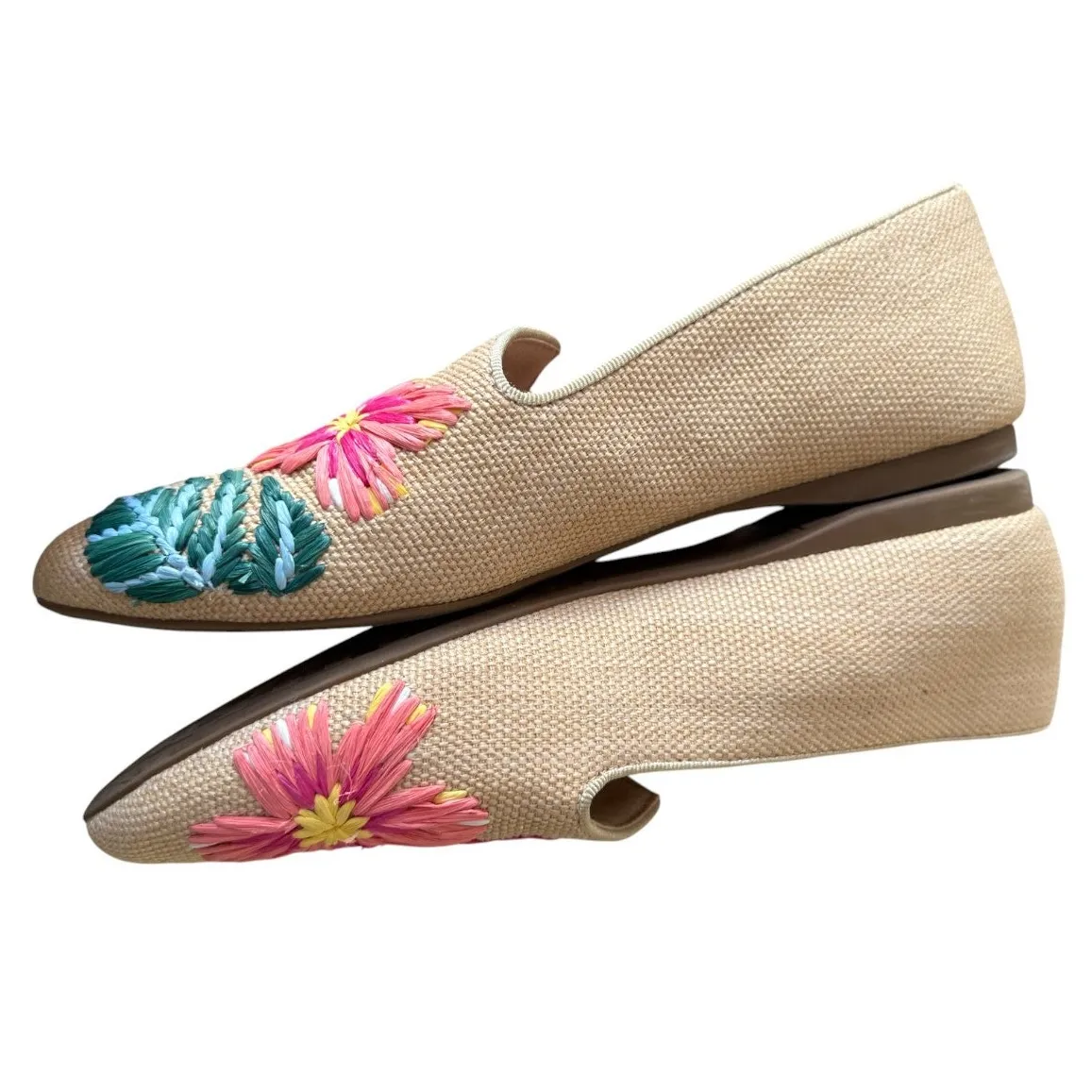 Birdies Heron Tropical Raffia Embroidered Floral Round Toe Slip On Flats-Size 7 - Image 5