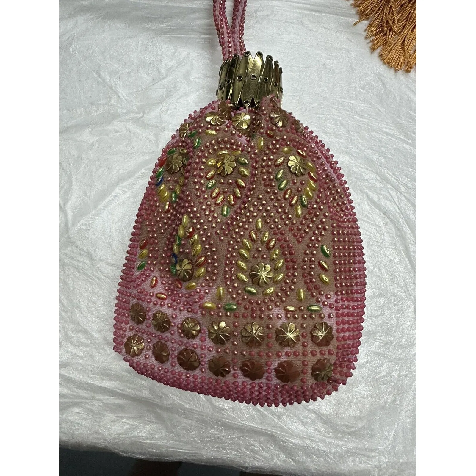 Vintage Hand Made Beaded Cloth Bag Drawstring Pouch Beggars Bag - Image 5