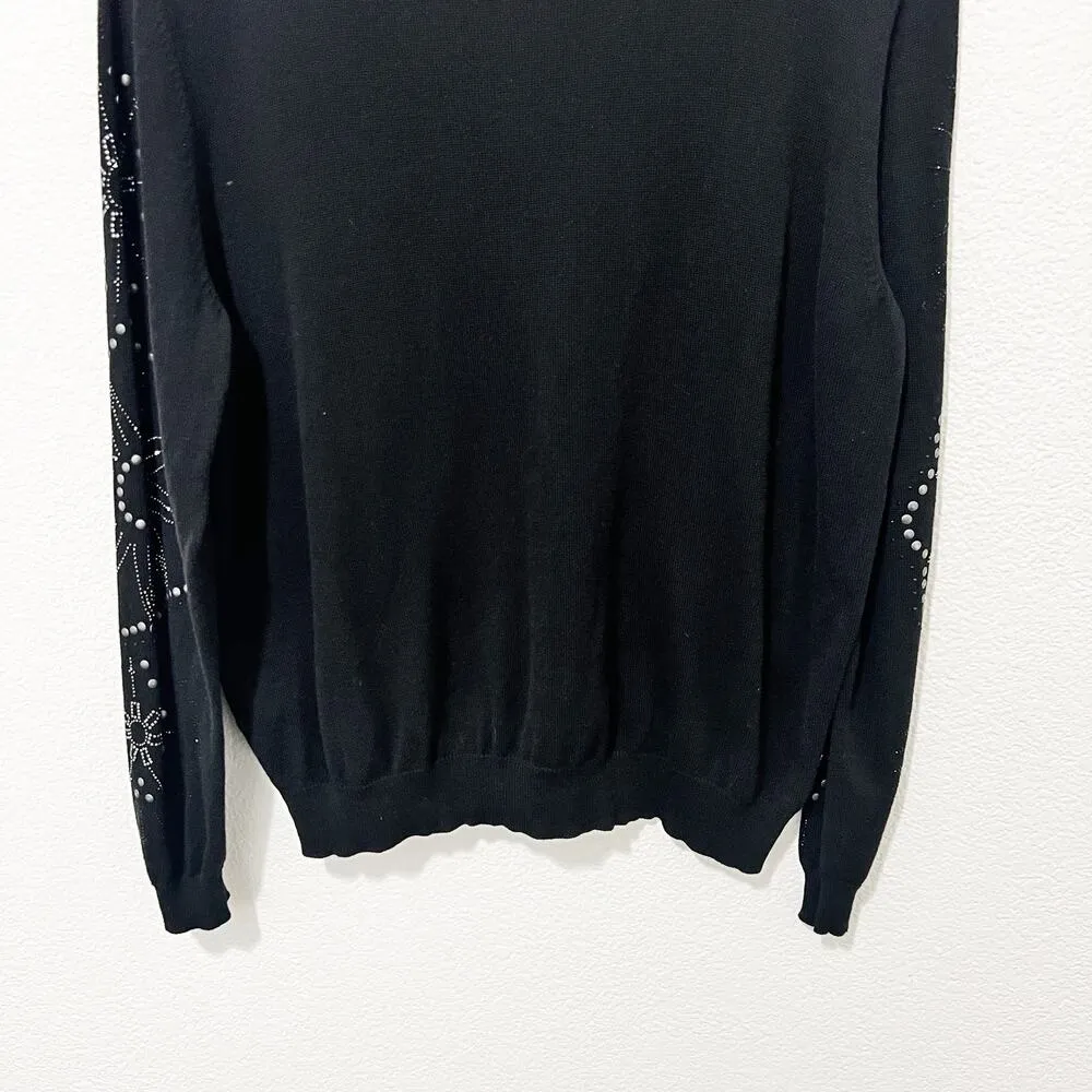 [Desigual] Black Floral Rhinestone Vancouver V-Neck Sweater Relaxed Fit Sz Small - Image 6