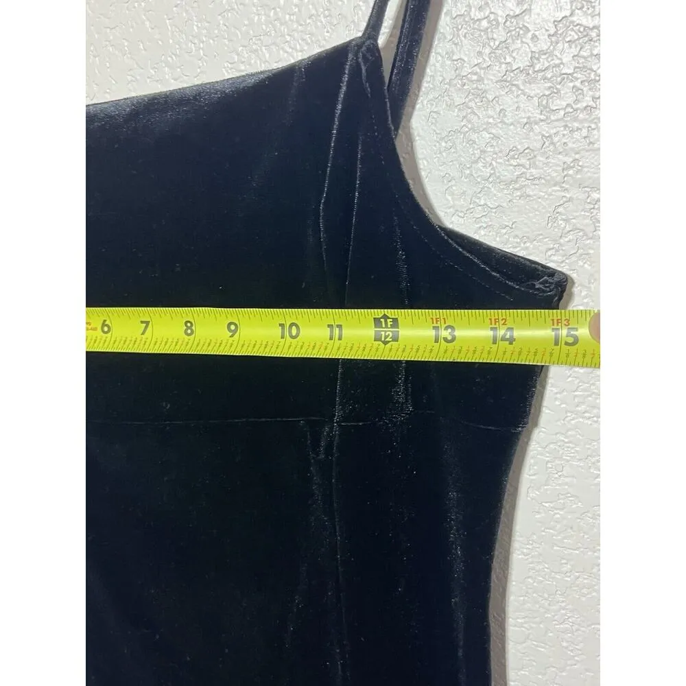 Velour Black Mini Dress Sz L Spaghetti Straps Stretch Shimmer Goth Party New - Image 2