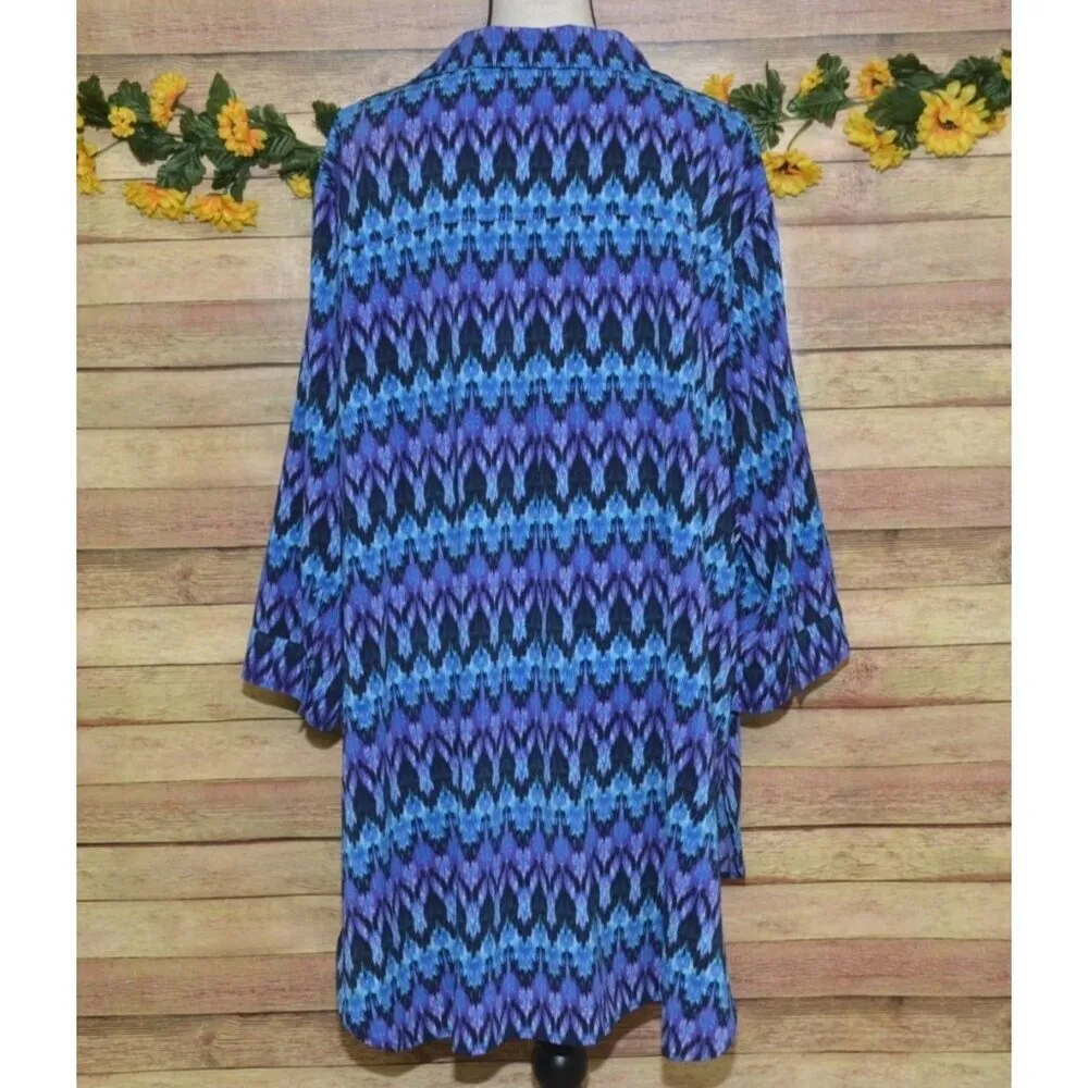 Catherines Plus 3X 26W 28W Half Button 3/4 Sleeve Blouse Top Purple Blue Print - Image 6