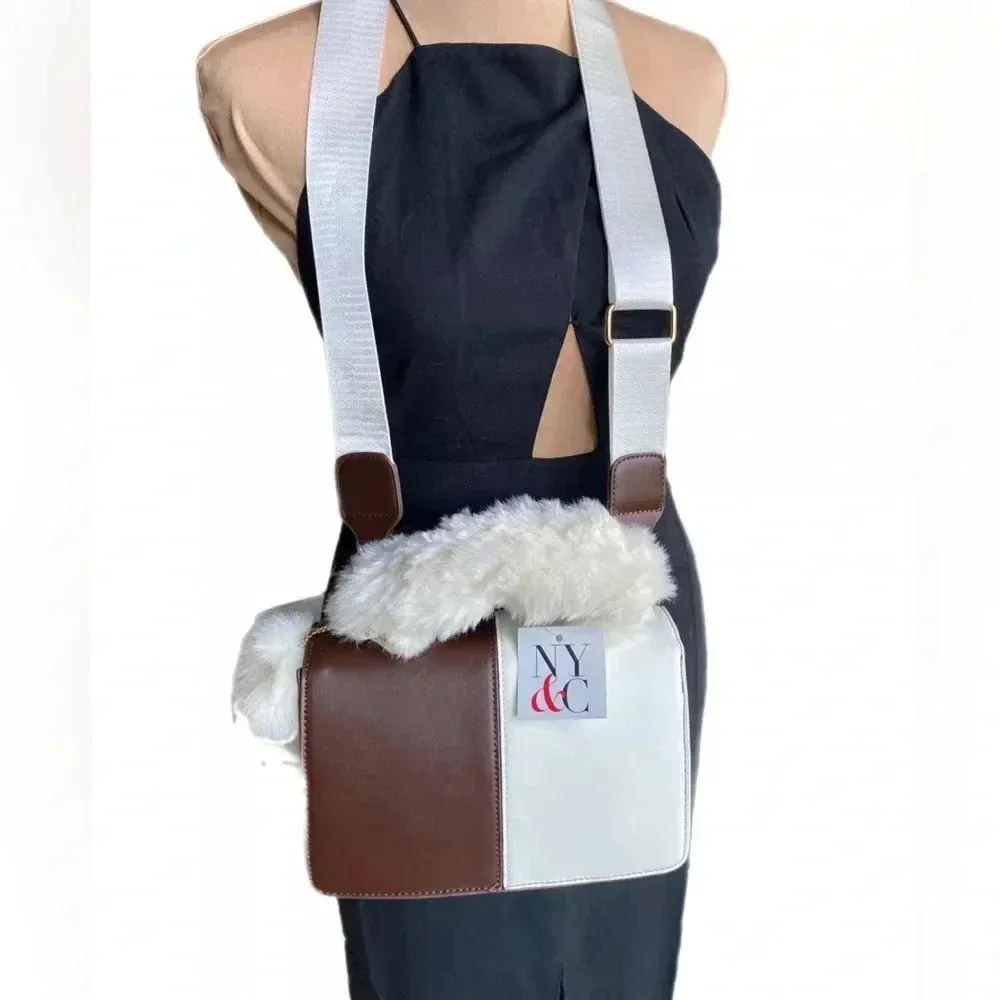 NWT New York & Co Womens Zephyr Crossbody Bag Chocolate White Vegan Leather - Image 3