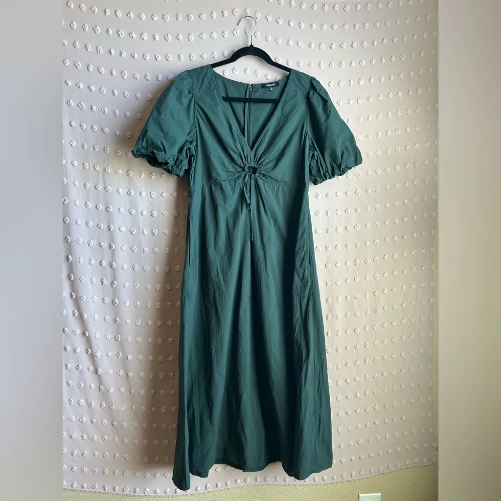 Madewell Poplin Cut-Out Puff Sleeve Midi Dress Sz‎ 10 Dark Palm Green - Image 2