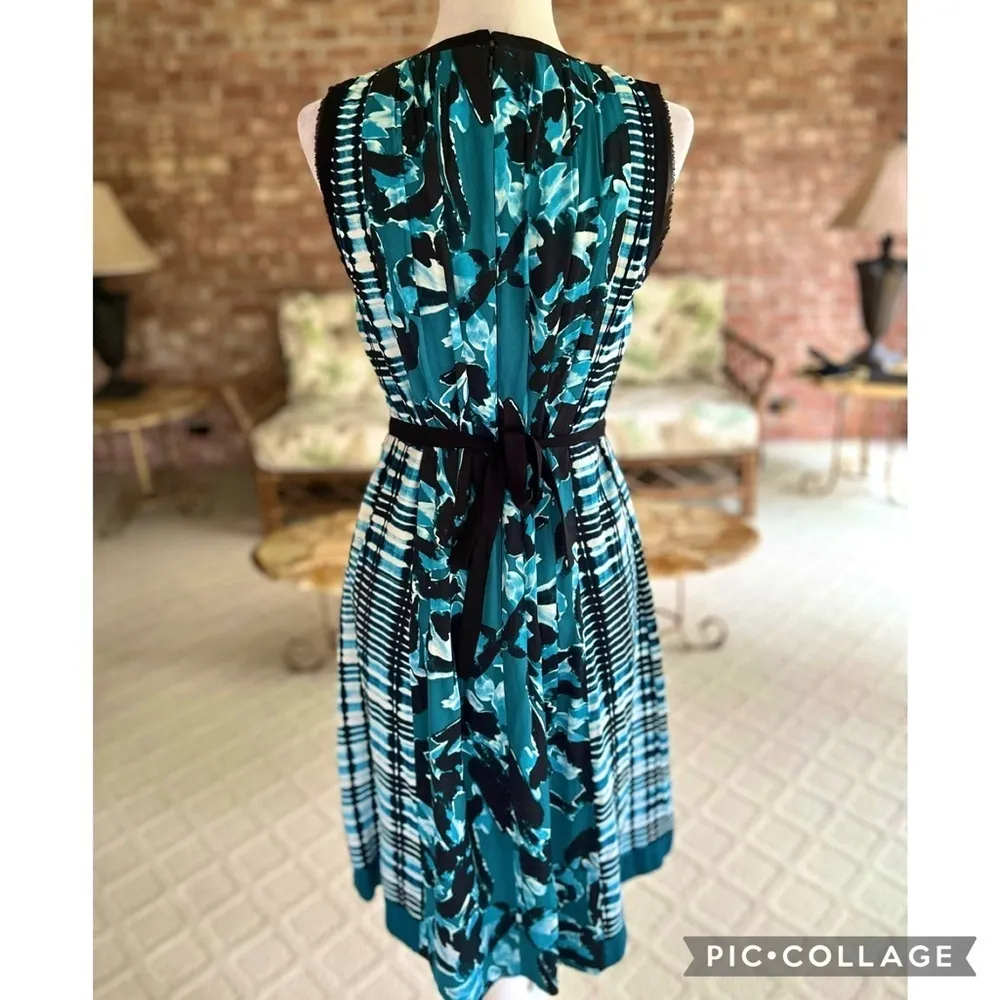 Adrianna Papell Dress Floral Pleated Fit and Flare Teal Blue Sleeveless Belt 4 - Image 11