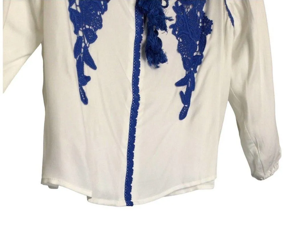 New Line And Dot Womens Medium Embroidered Lace Off Shoulder Peasant Boho White - Image 11