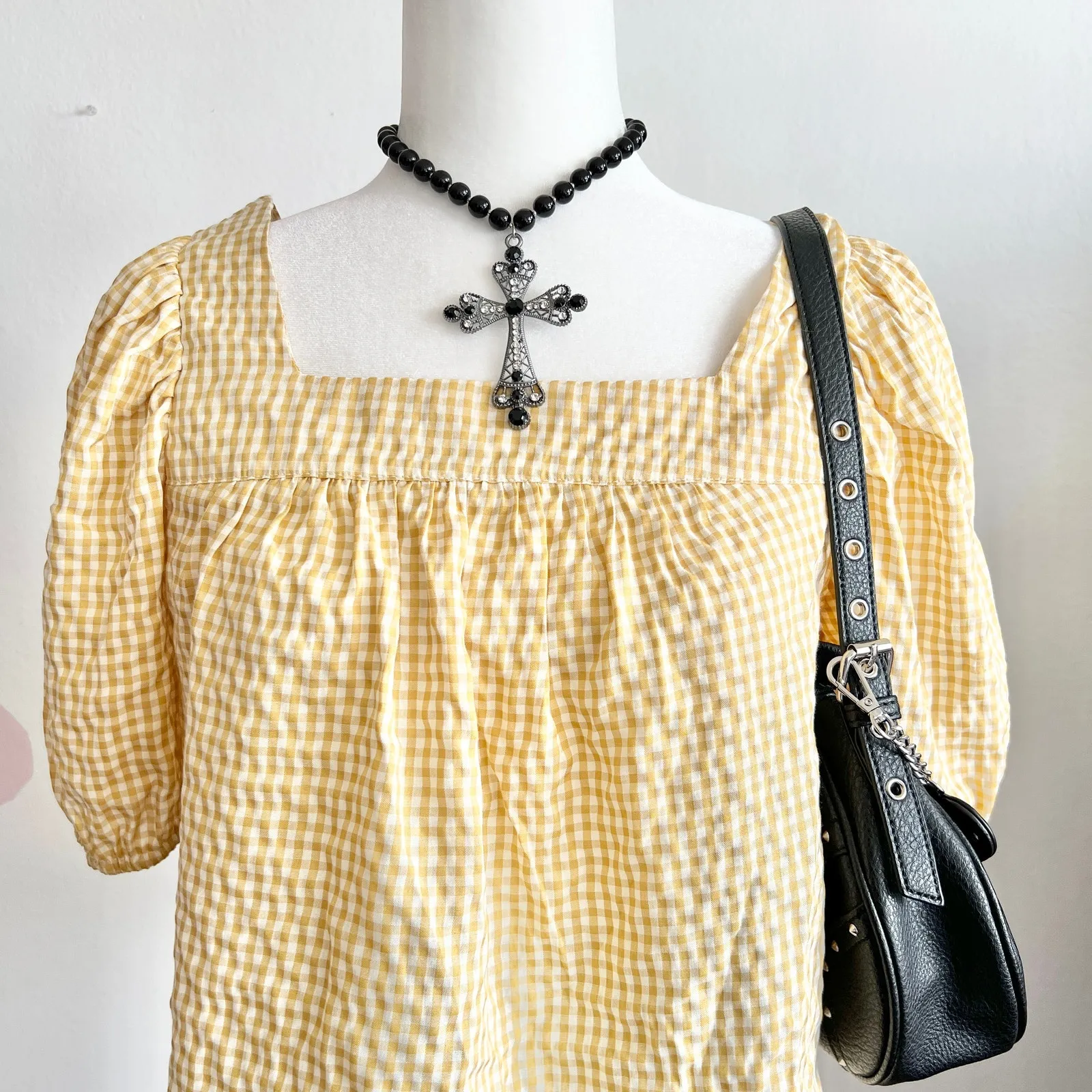 Yellow Gingham Top, Cottagecore, Coquette, Retro‎ 60s, Small, Soft Girl, Vintage - Image 2