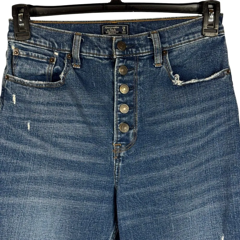 Abercrombie & Fitch SZ 8/29 Ultra High-Rise Mom Jeans Button-Fly Distressed Blue - Image 2