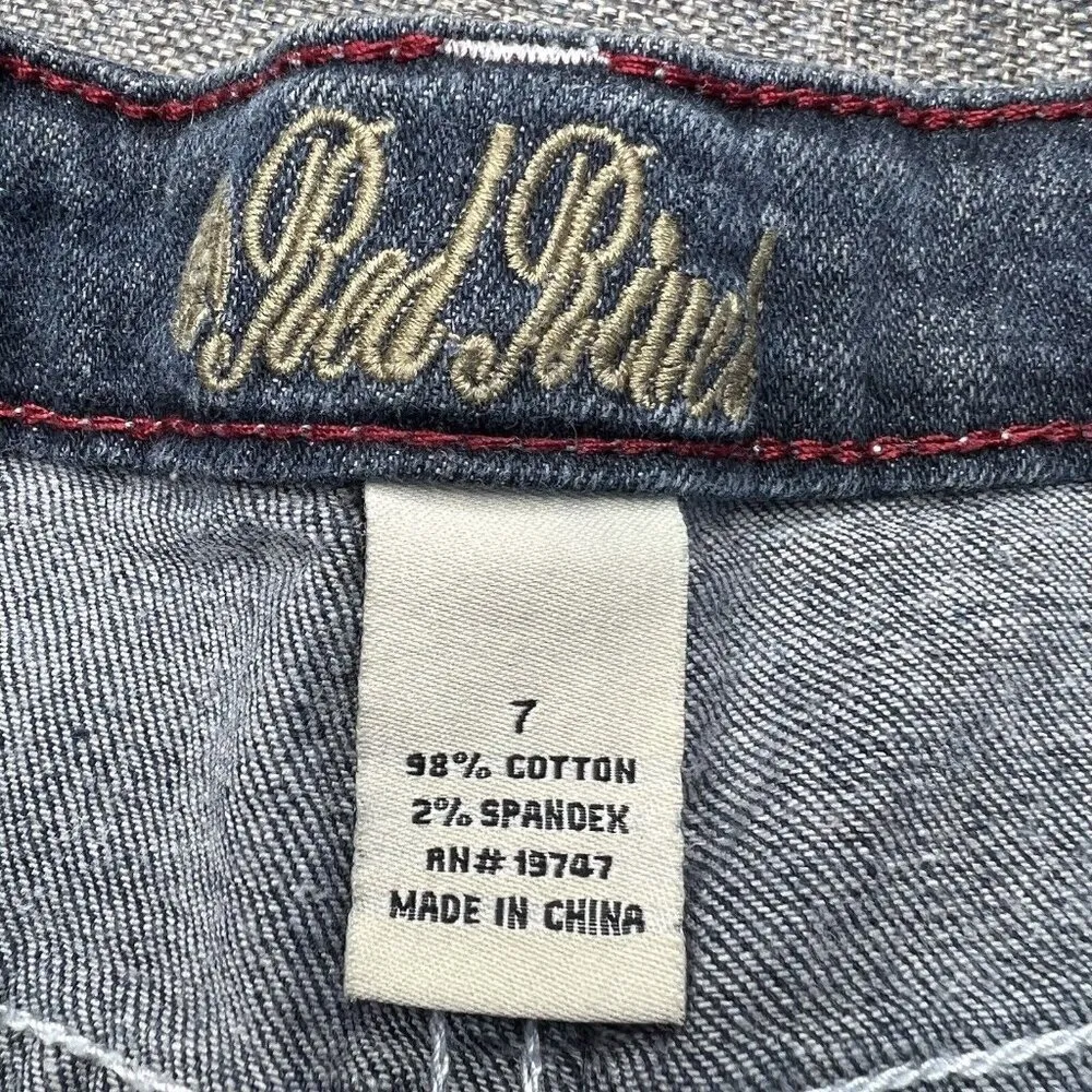 Red Rivet Jean Shorts Size‎ 7 Denim Cut Off Frayed Raw Hem Thick Stitch Pockets - Image 7