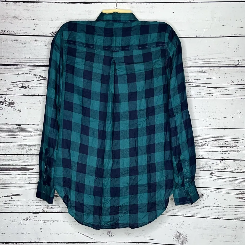 Como Vintage NWT Size S Teal & Navy Blue Plaid Button Down Shirt Top - Image 2