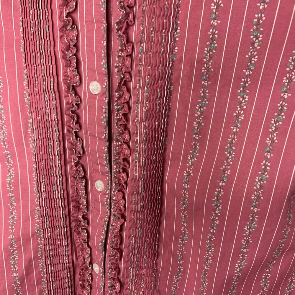 Vintage Cotton Floral Stripe Button Up Ruffle Pintucking Sz XL Pink - Image 7