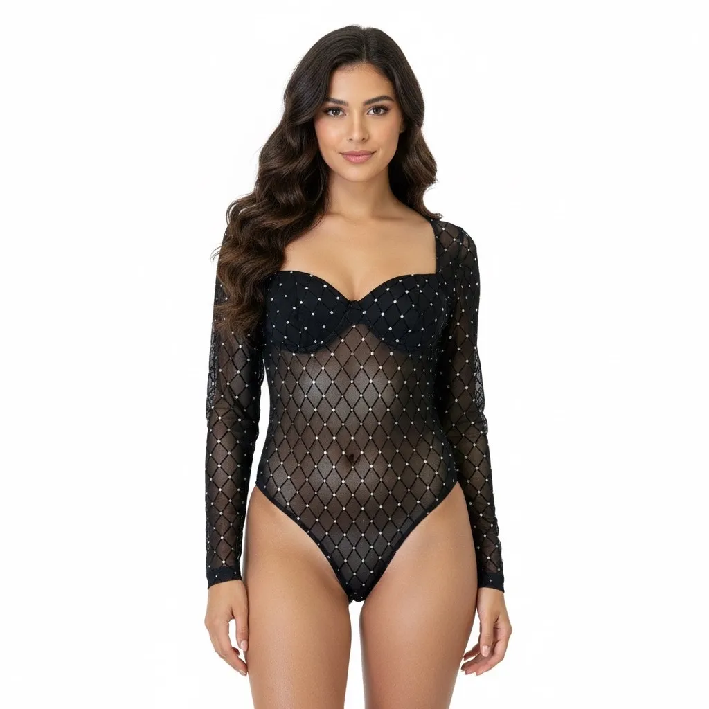 Blashe Mesh Rhinestone Bodysuit Womens L Black Sheer Long Sleeve Sexy Night Out Size L - Image 2