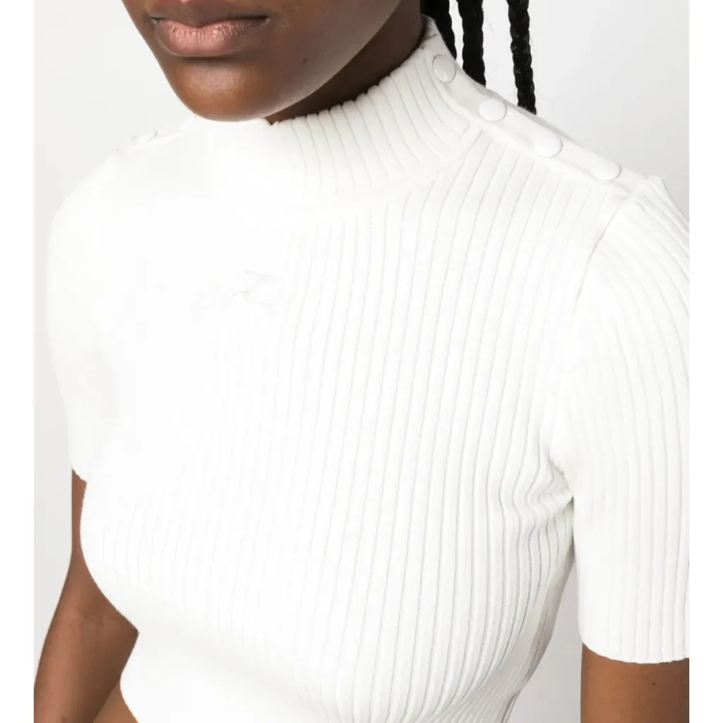Courreges Logo Embroidered Ribbed Knit Crop Top White - Image 8