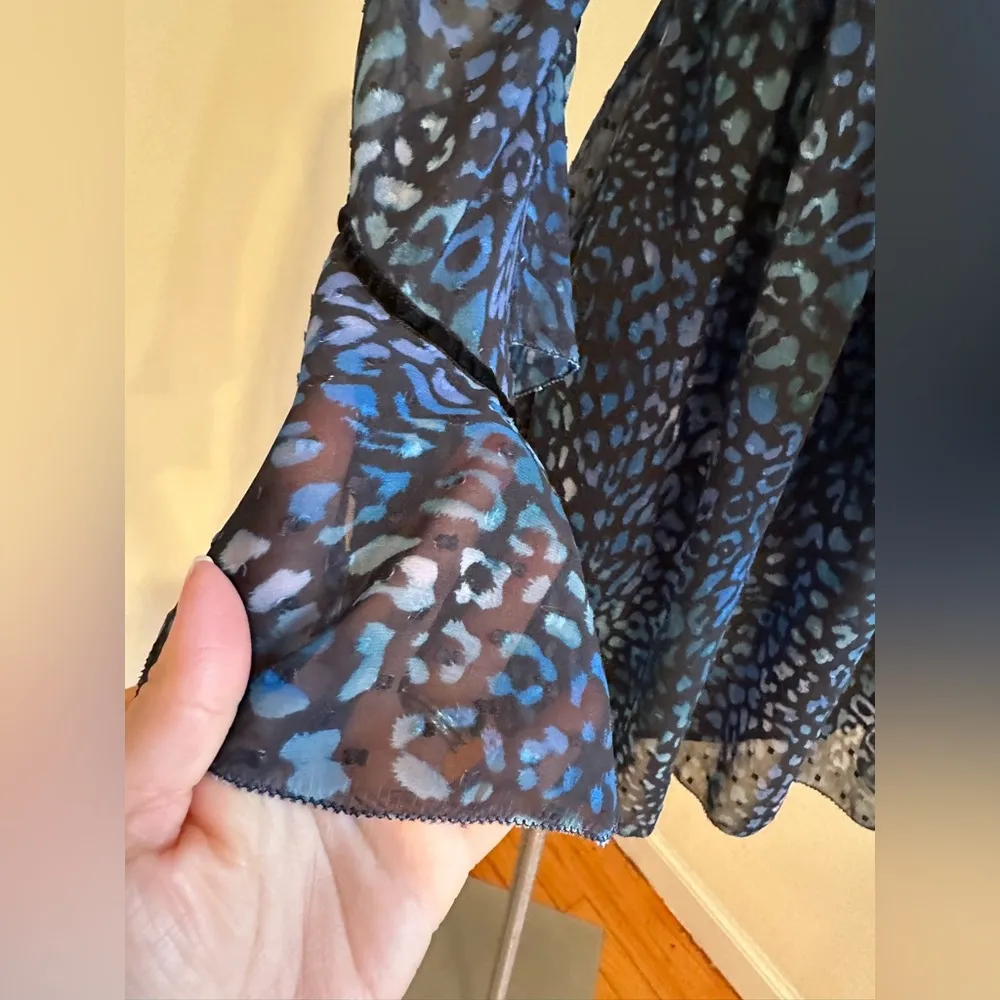 Laundry By Shelli Segal  Blue Cheetah Chiffon Sheer Mini Dress Tie On Neck - Image 6