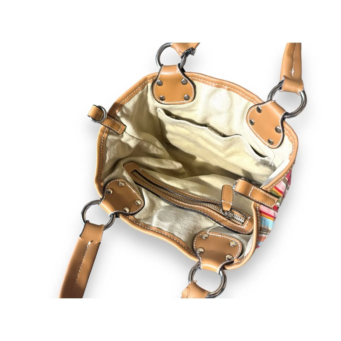 Vintage Y2K Women's Striped Canvas Leather Handle Shoulder Hand Bag Beachy Artsy Red - Image 5