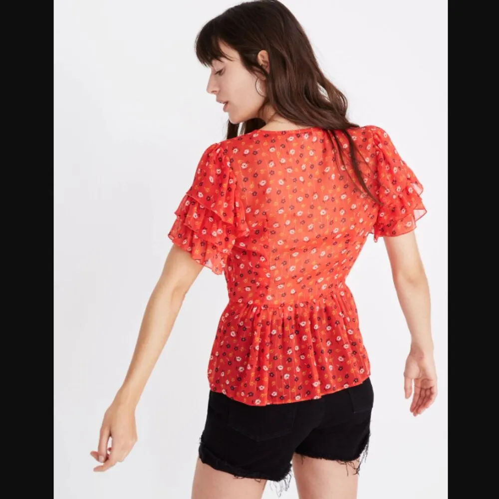 Red Metallic Prairie Floral Posies Tiered-Sleeve Peplum Top S - Image 3