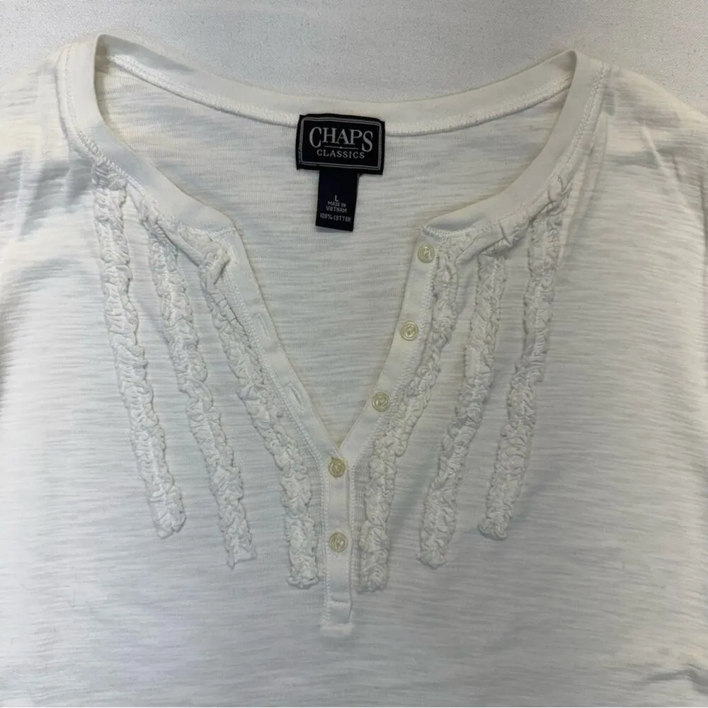 Chaps V-neck Burnout T-shirt Women’s Large white ruffle tee long sleeve cotton - Image 2