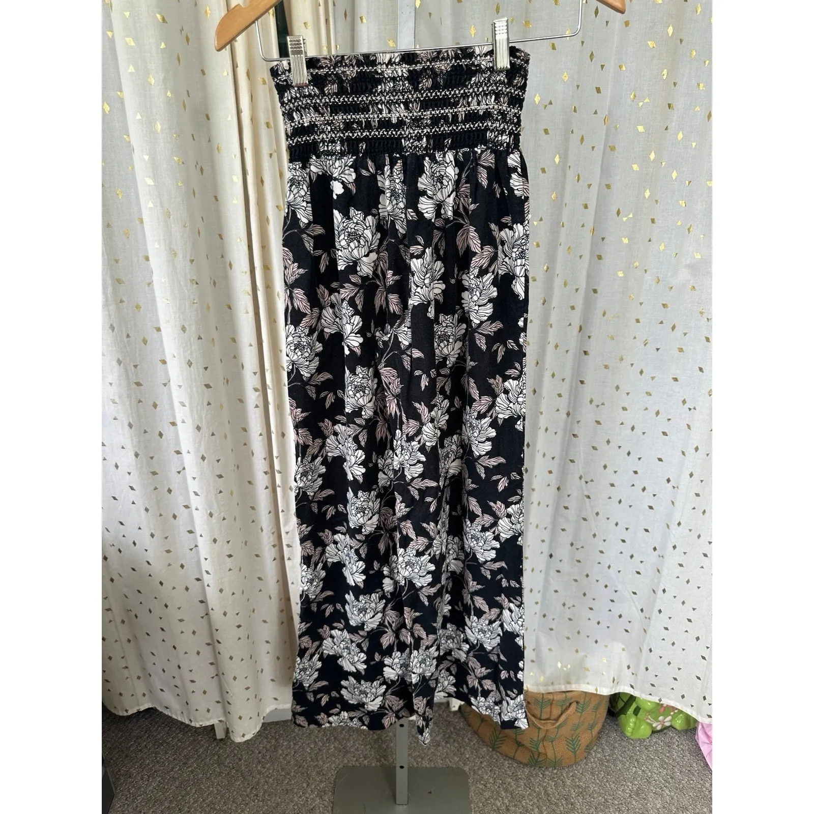 Da Hui Hawaii Linen Blend Hawaiian Floral Smocked Waist Wide Leg Pants S Black - Image 4