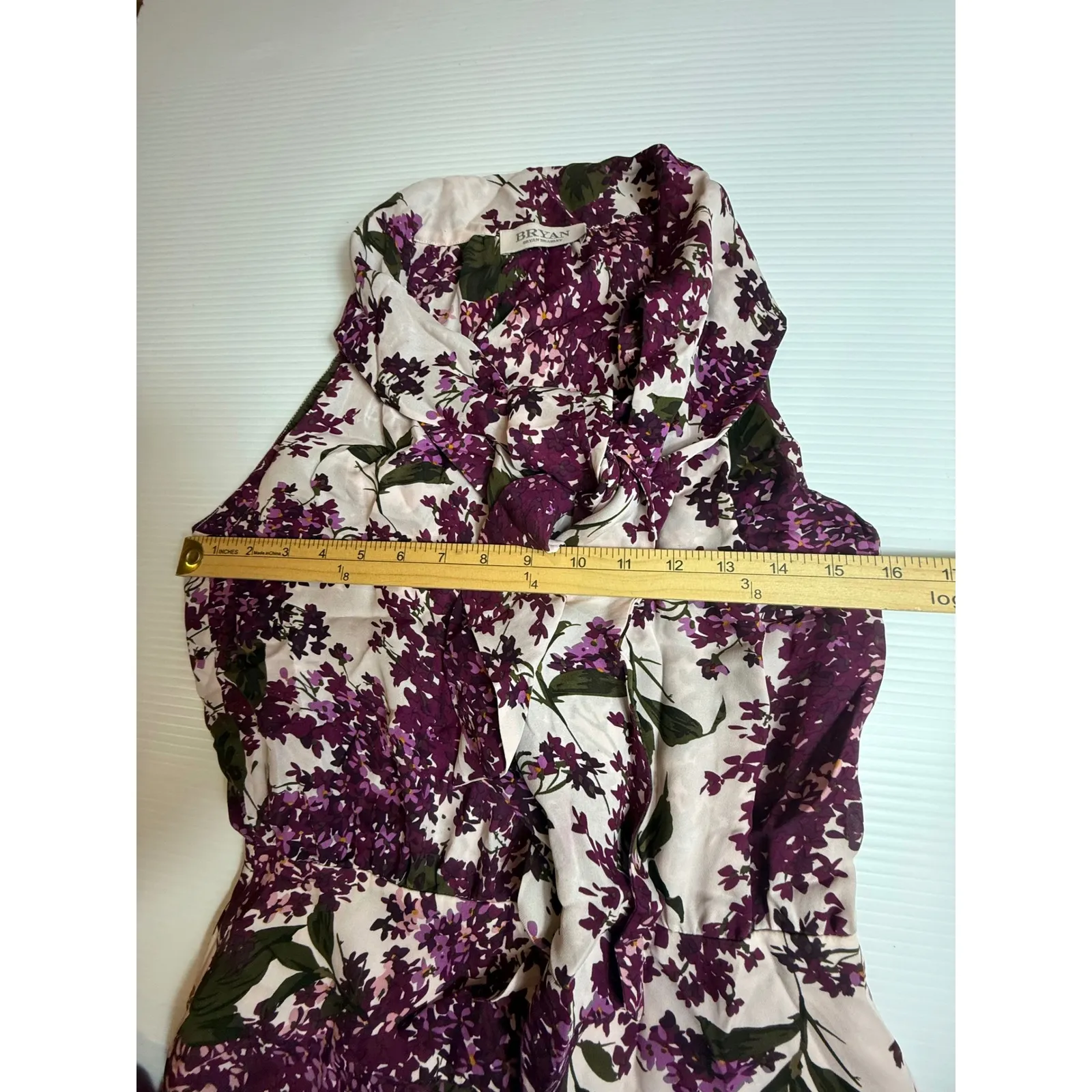 Bryan Bradley Floral Print 100% Silk‎ Dress Sleeveless Purple halter Fit Flare M Size M - Image 4