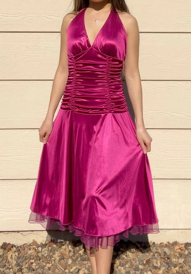Vintage Magenta Satin Ruched Halter Drop-Waist Midi Dress Pink Size M - $25  - From Shelby