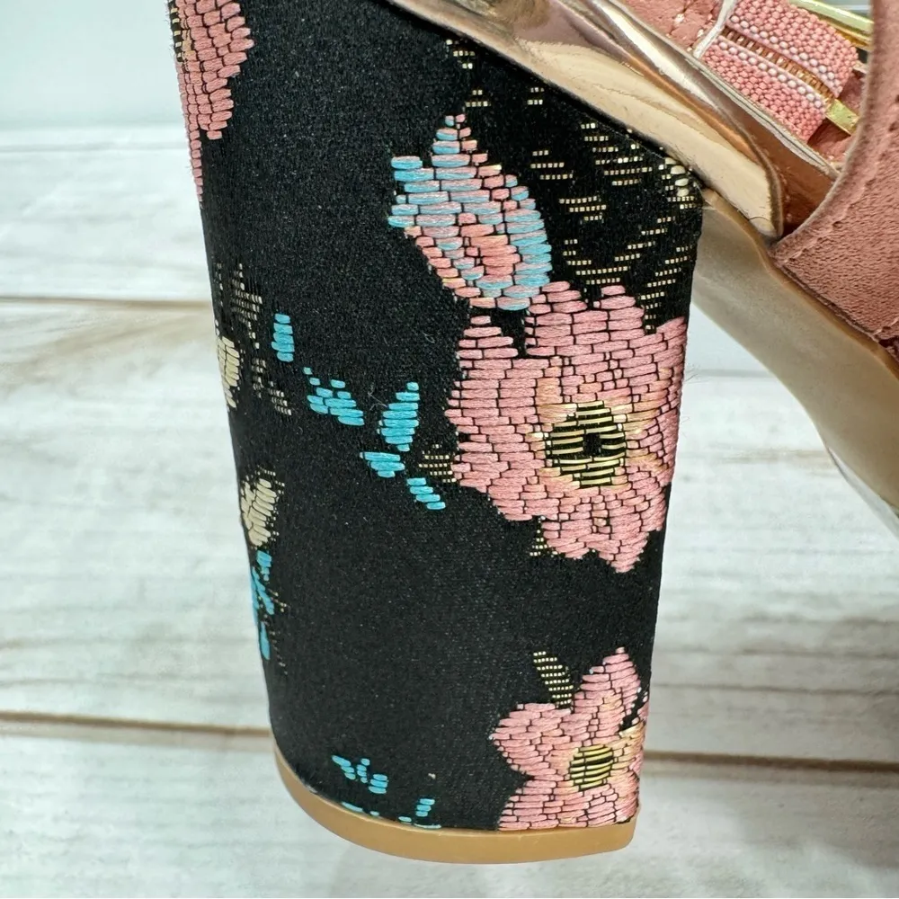 Mauve Faux Suede Strappy Sandals Embroidered Block Heels Qupid Pin Up Coquette - Image 3