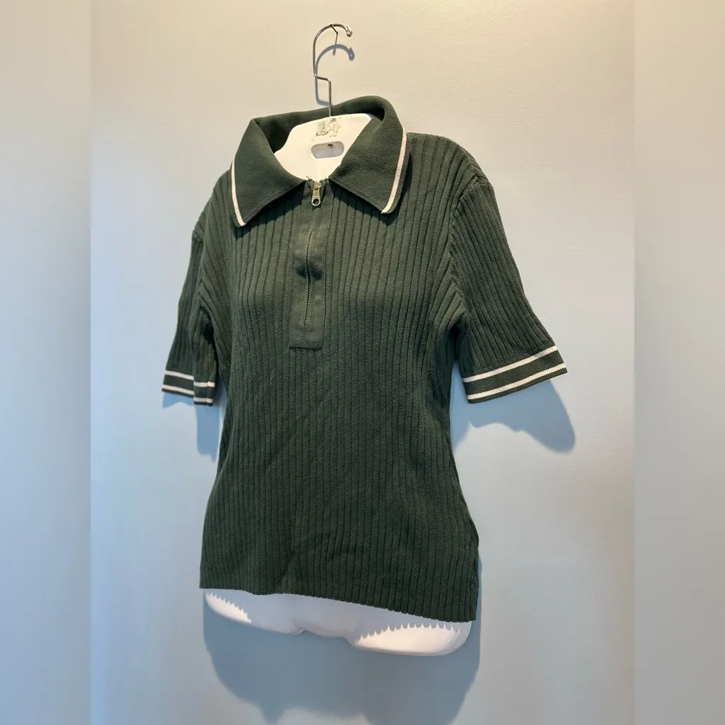 Varley Napier Fit Striped Ribbed Cotton Blend Knit 1/4 zip short sleeve polo top - Image 3