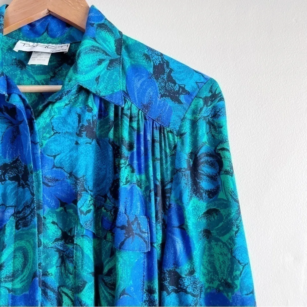 Vintage 80s Midi‎ Shirt Dress w/ Pockets Blue Green Floral Print, Size 4 - Image 5