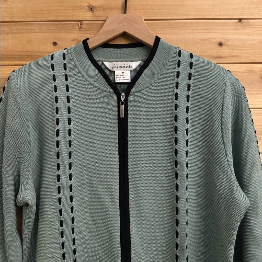 Vintage Exclusively Misook Size 2X Full Zip Acrylic Green Blue Cardigan - Image 2