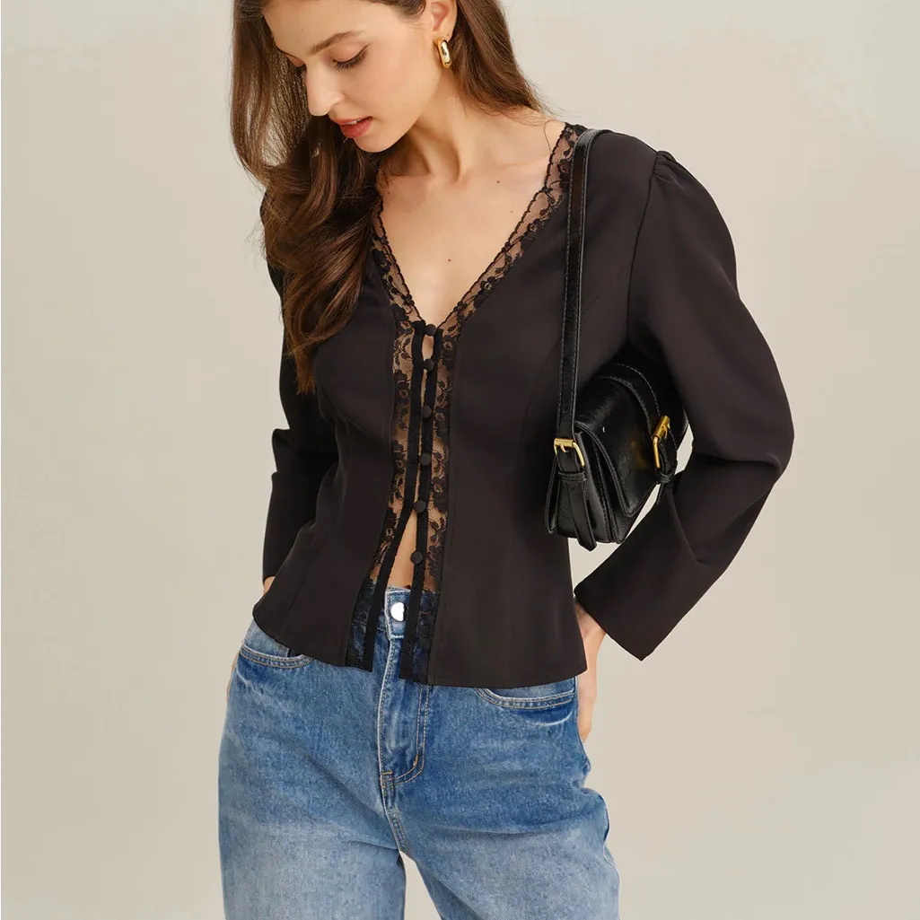 Rihoas black lace V Neck b Blouse Size M - Image 4