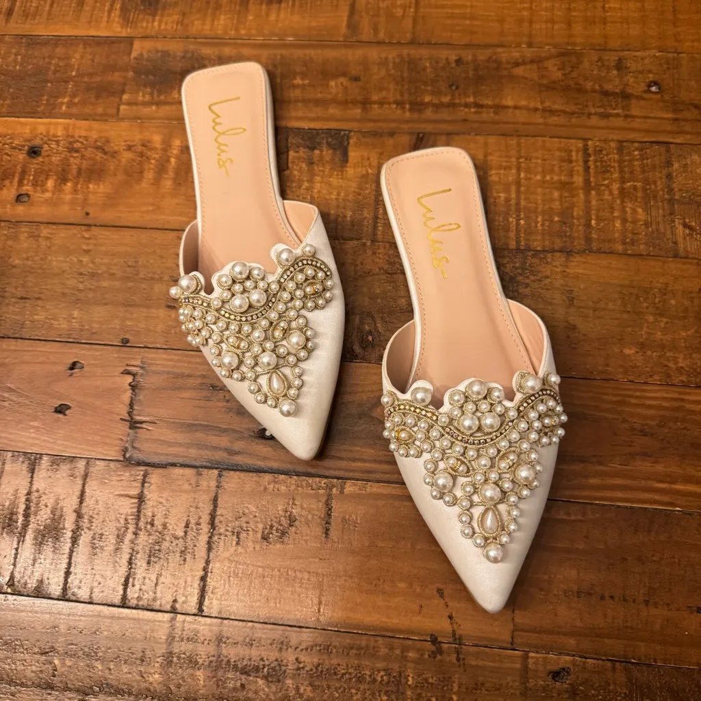 LULUS Flora Ivory Satin Pearl Embroidered Pointed-Toe Flats - Image 2