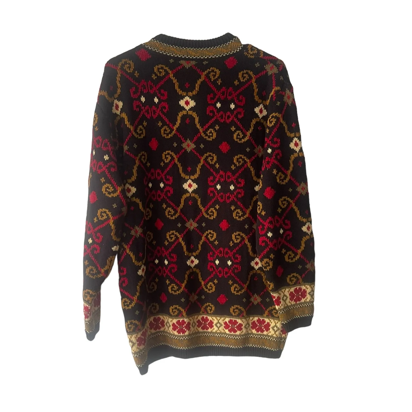 Lands' End Women's Medium Chunky Knit Black‎ Geometric Pattern Crew Neck Sweater - Image 5