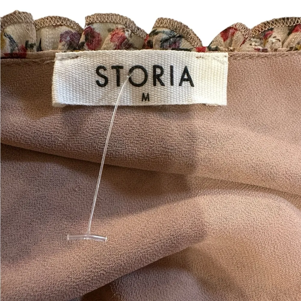 Storia Brown Floral Mini Dress Spaghetti Strap Small Preppy Feminine Smocked M - Image 7