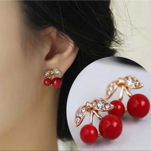 CLIP ON Red Mini Cherry Fashion Earrings - Image 2