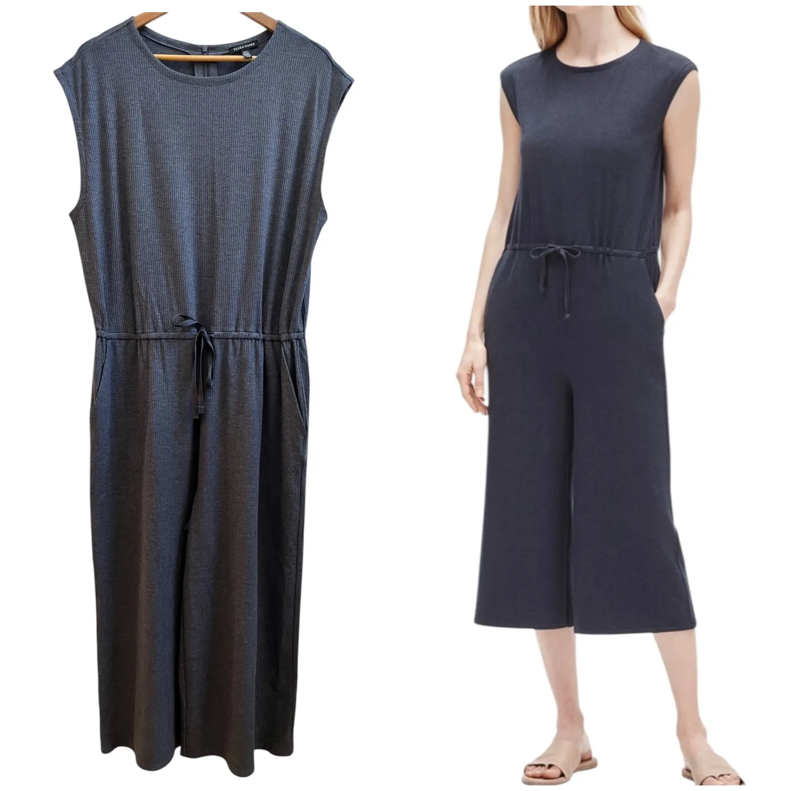 Eileen Fisher Tencel Blend Stretchy Ribbed Knit Sleeveless Cropped Jumpsuit - Image 2