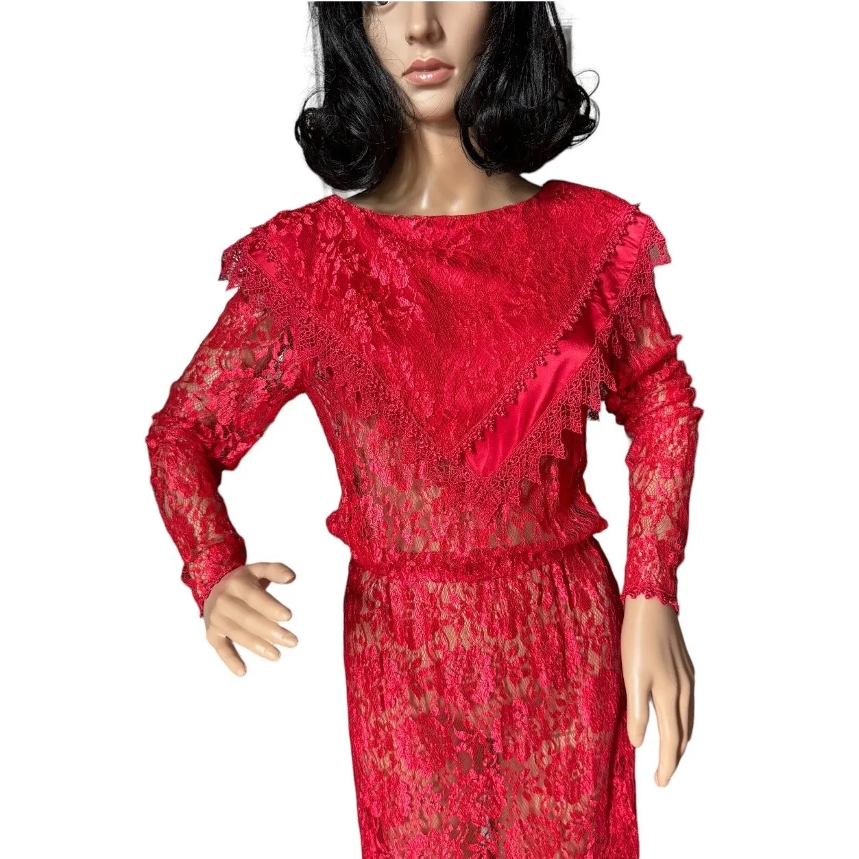 Vintage 1980s Red Lace Art Deco Revival Evening Gown Sheer Maxi Dress  
size XS-S - Image 2