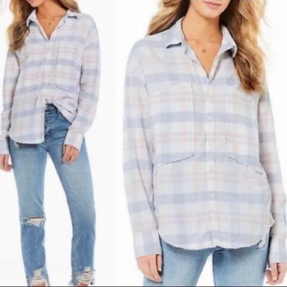 Free People White Loveland Plaid Pastel Button Down Shirt. Size Small. - Image 2