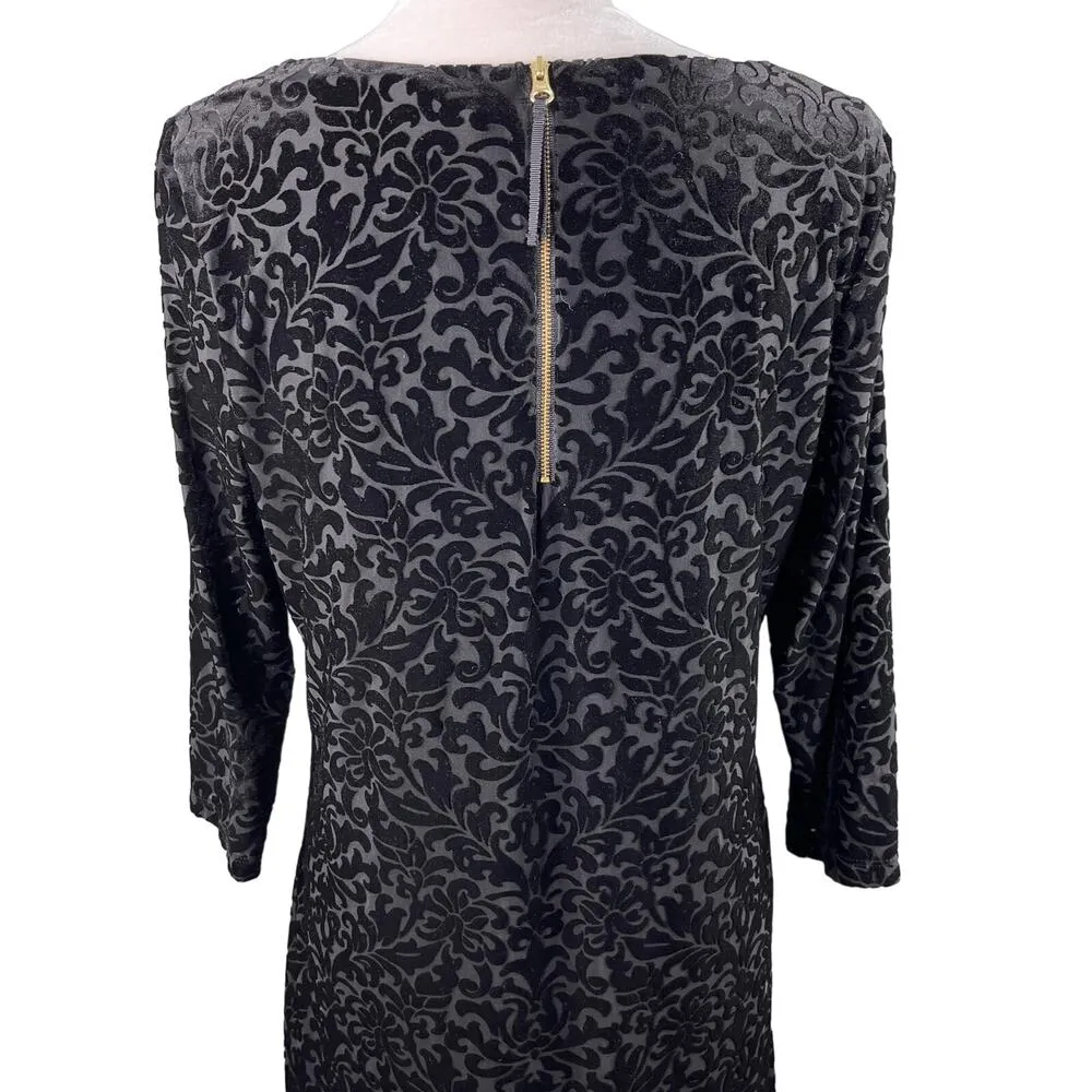 Adrienne Vittadini Dress Black Large Embossed Velvet 3/4 Sleeves Back Zip - Image 5