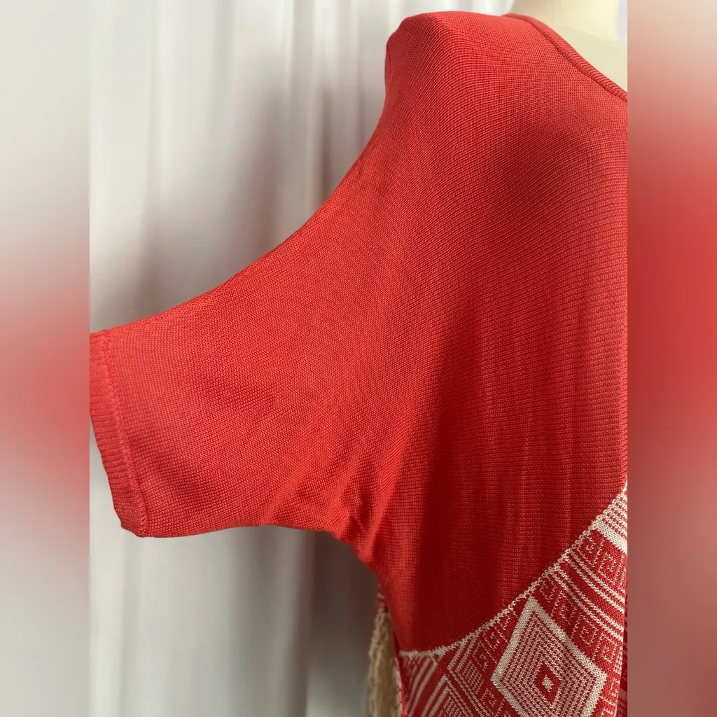 Umgee Red & Ivory Boho Open-Front Kimono with Crochet Back & Fringe (1148-1) - Image 7