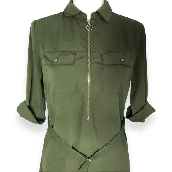 Identity Women’s Olive Green Utility Belted Mini Shirt Dress Size M - Image 2