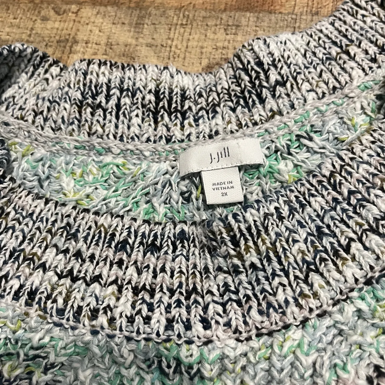 J. Jill Women's Multicolored Open Knit Sweater Sz 2X 3/4 Sleeve Casual Crew Neck Blue - Image 5