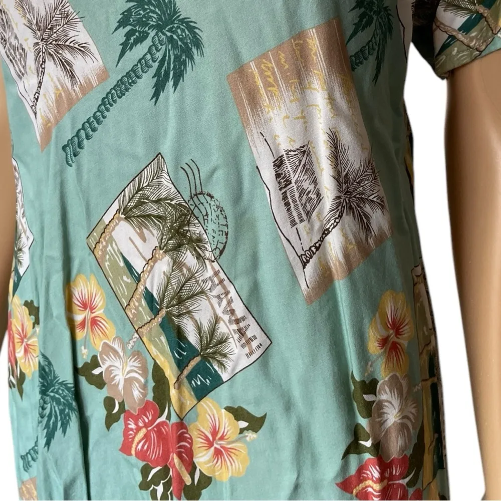 Hibiscus Collection Hawaii Vintage Y2K Tropical Postcard Tourist Travel Dress Blue Size L - Image 3